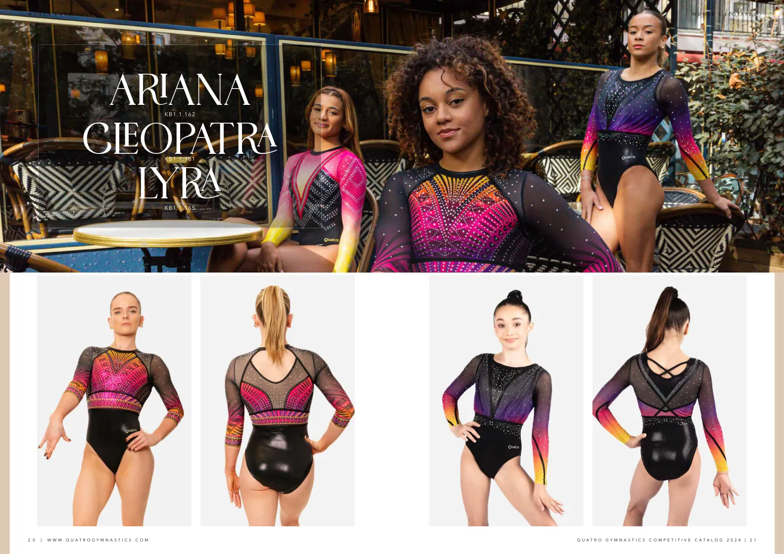 Two actual pages from the 2024 Quatro Gymnastics catalog, combining lifestyle and product imagery