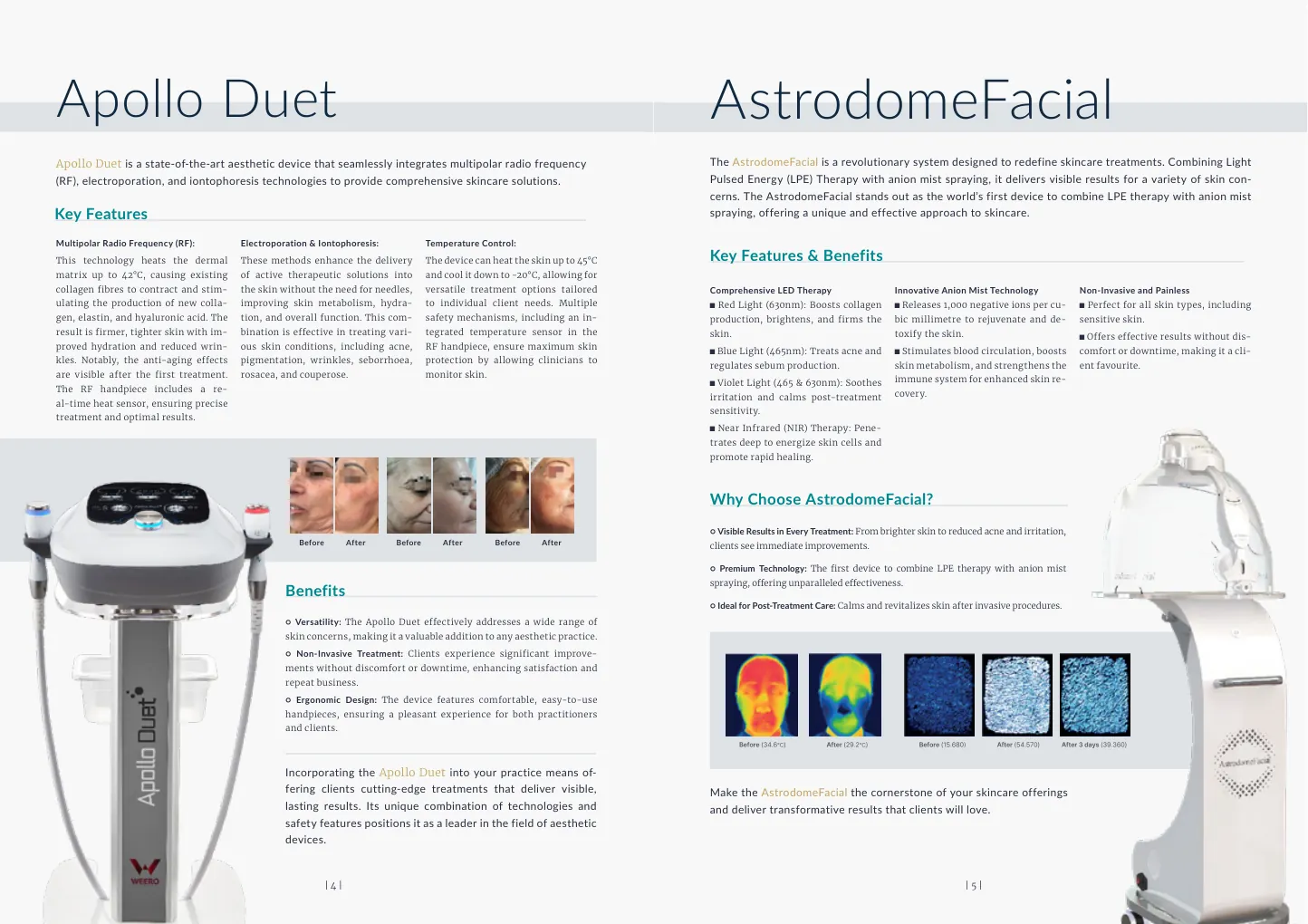 Tay Shop printed brochure spreads showing aesthetic devices alongside features and use cases